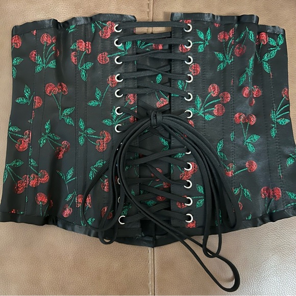 Cherry brocade underbust corset sexy black & red lace up back EUC - Picture 6 of 12